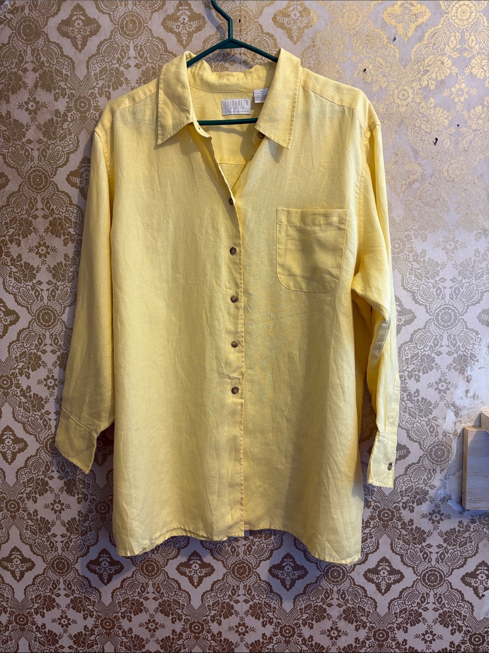 Vintage Elisabeth Petite 100% Linen Yellow Button Front Shirt